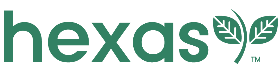 Hexas logo - word Hexas and a 2 leafed plant